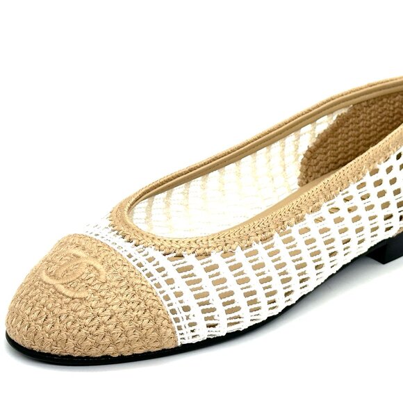CHANEL REV CC Raffia Crochet Woven Two Tone Cap Toe Ballerina Ballet Flats - Picture 4 of 14